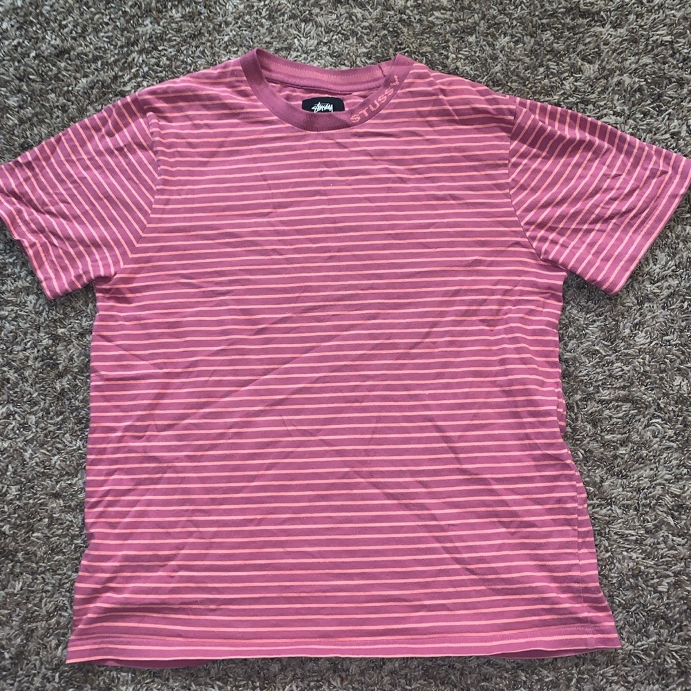 Peach and Rose Striped Stussy Logo Tee